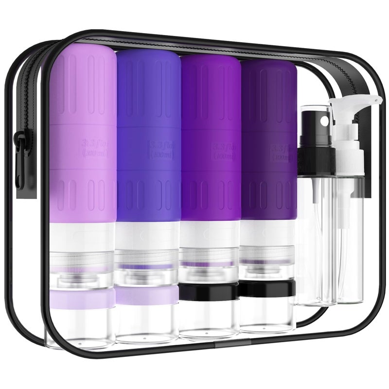 GLAMFIELDS Travel Bottles for Toiletries,TSA Approved 3.3oz Size LeakProof Silicone Toiletry Containers for Shampoo, Conditioner,Easy to Squeeze，Portable Travel Essentials for Lotion(18 Pack) Purple - Image 1